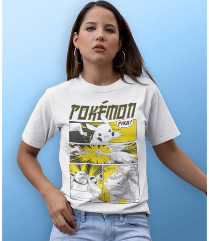 Woman wearing Unisex short sleeve white t-shirt featuring official Pokémon comic, anime, manga style poster design with the awesome characters Picachu, Charizard, Venusaur and Blastoise / Retro Tees