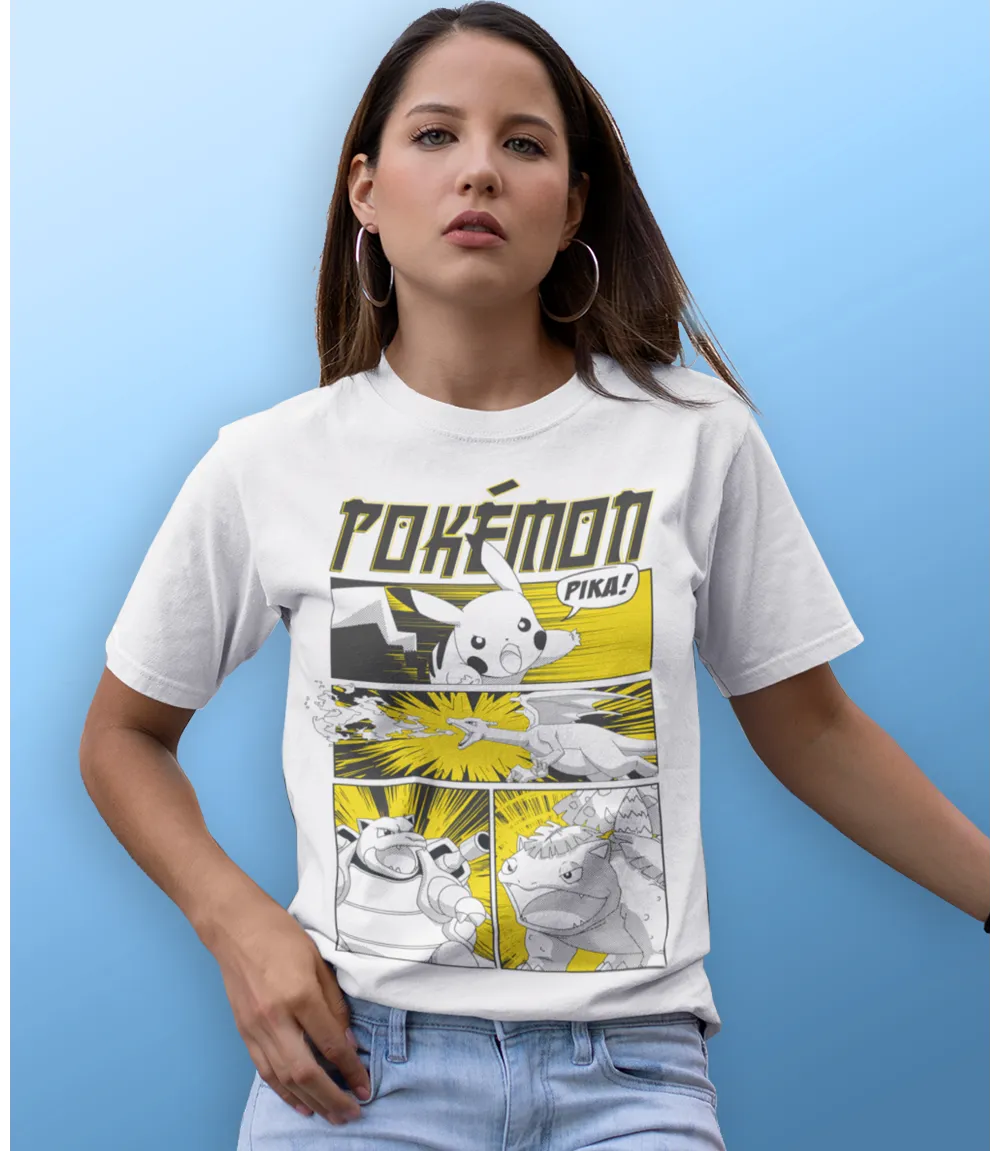 Woman wearing Unisex short sleeve white t-shirt featuring official Pokémon comic, anime, manga style poster design with the awesome characters Picachu, Charizard, Venusaur and Blastoise / Retro Tees