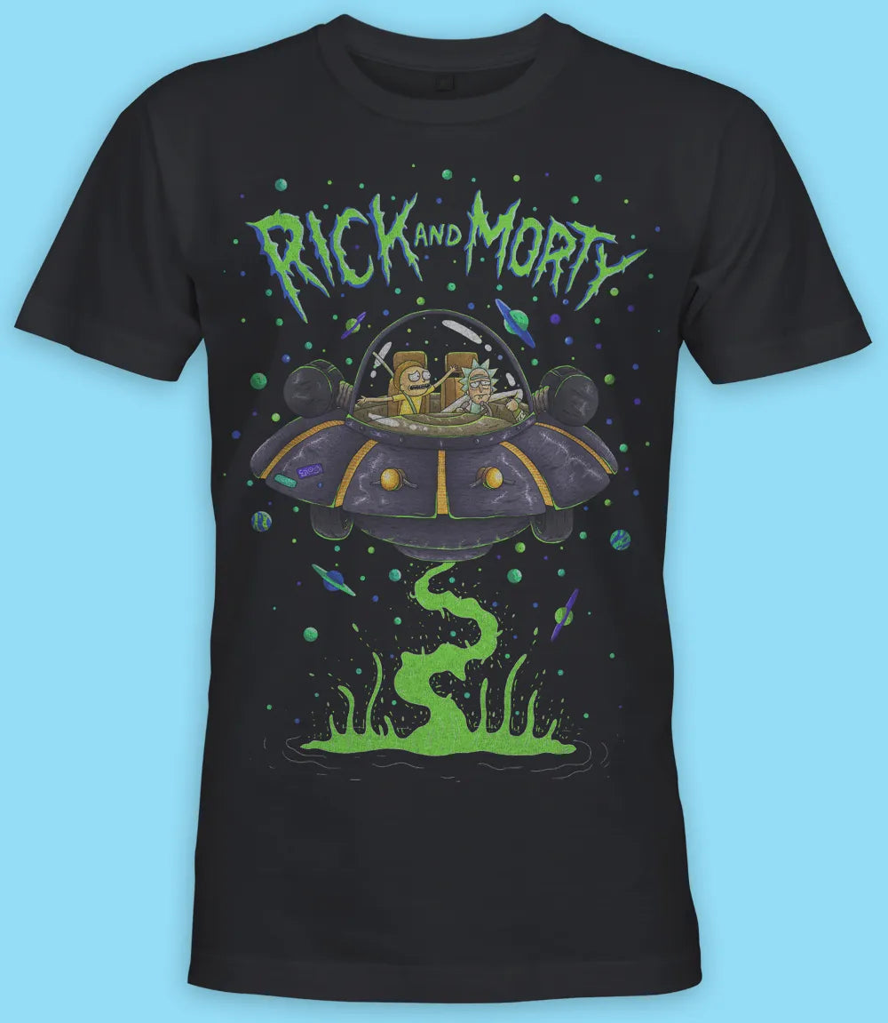 Unisex short sleeve black t-shirt featuring official Cartoon Network Rick and Morty in their space ship design with Rick and Morty text / Retro Tees