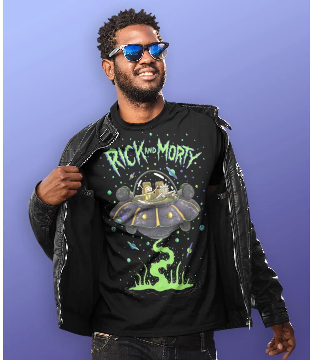 Man wearing Unisex short sleeve black t-shirt featuring official Cartoon Network Rick and Morty in their space ship design with Rick and Morty text / Retro Tees
