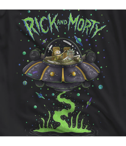 Close up of Unisex short sleeve black t-shirt featuring official Cartoon Network Rick and Morty in their space ship design with Rick and Morty text / Retro Tees