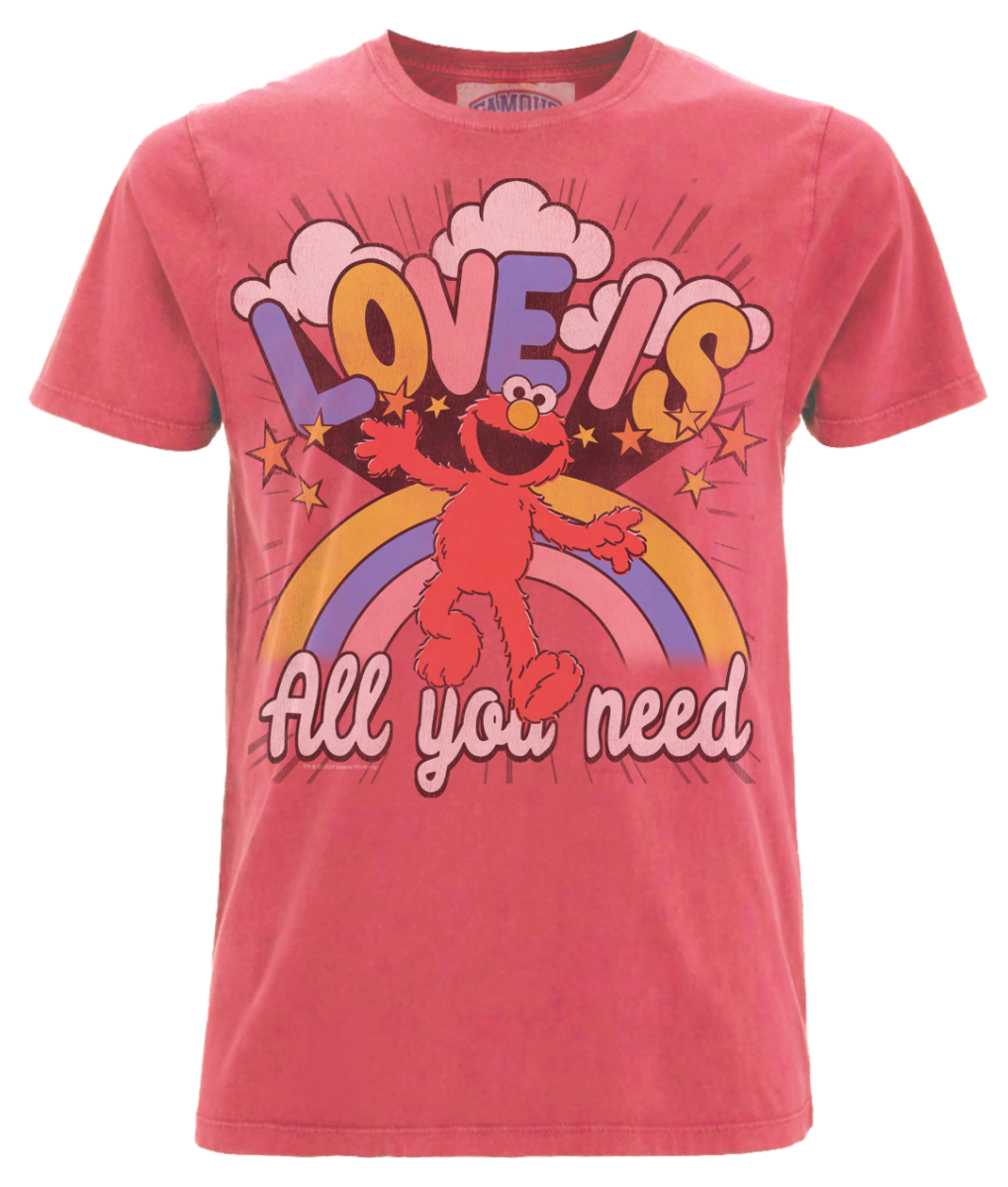 Exclusive Famous Forever vintage washed red short sleeve crew neck t-shirt featuring retro Sesame Street Elmo with rainbow and stars design with Love Is All You Need text. Full colour design with a vintage style. Officially Licenced