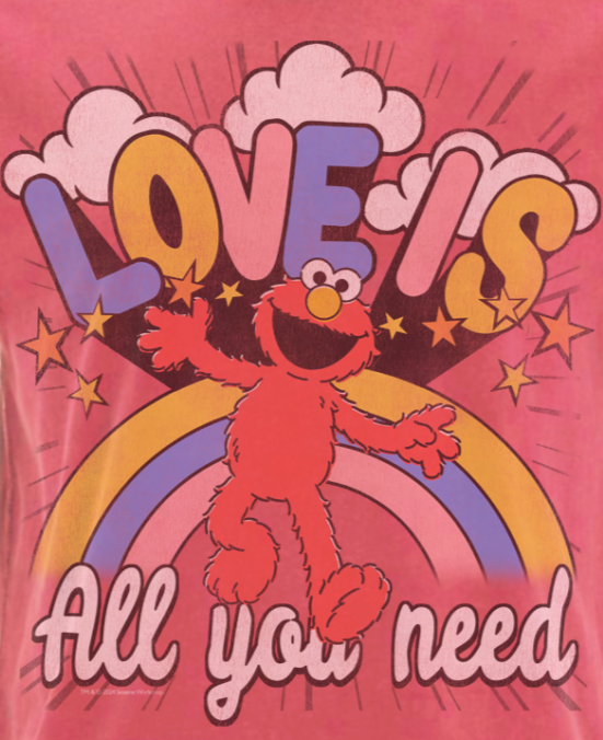 Exclusive Famous Forever vintage washed red short sleeve crew neck t-shirt featuring retro Sesame Street Elmo with rainbow and stars design with Love Is All You Need text. Full colour design with a vintage style. Officially Licenced