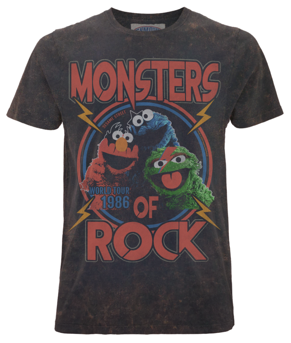 Exclusive Famous Forever vintage washed black short sleeve crew neck t-shirt featuring retro Sesame Street Rock Band design, Elmo, Cookie Monster and Oscar the Grouch in rock star style with Monsters of Rock world tour 1986 . Full colour design with a vintage style. Officially Licenced