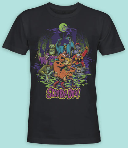 Unisex short sleeve black t-shirt featuring official Warner Bros Scooby-Doo villans poster design with the all important Scooby and Shaggy taking center stage  / Retro Tees