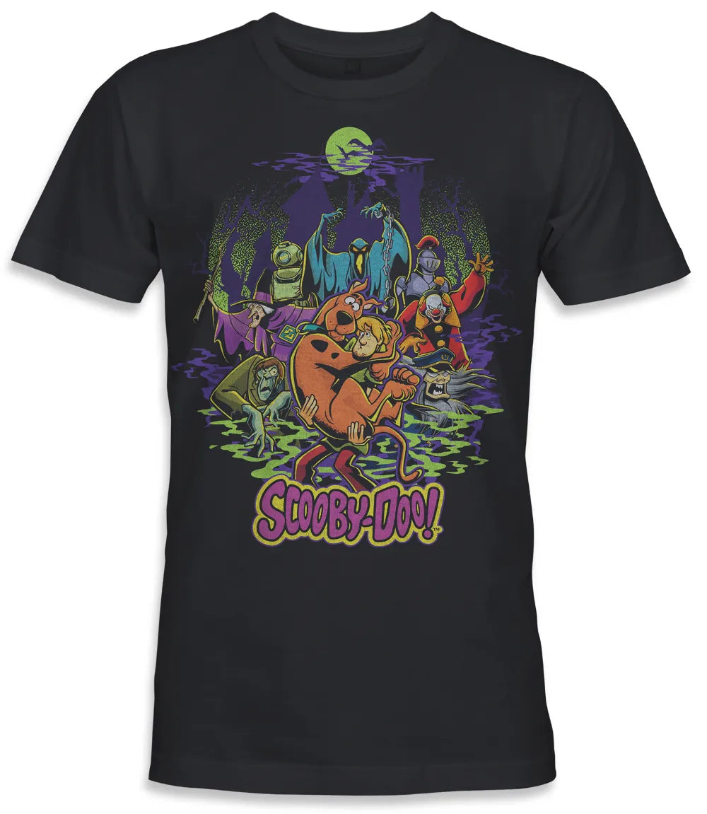 Unisex short sleeve black t-shirt featuring official Warner Bros Scooby-Doo villans poster design with the all important Scooby and Shaggy taking center stage / Retro Tees