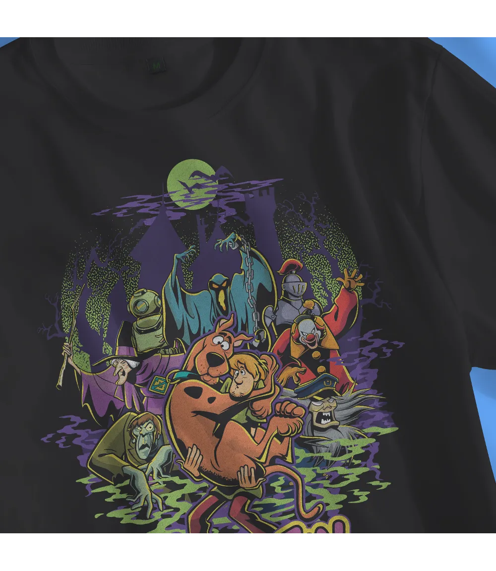 Close up of Unisex short sleeve black t-shirt featuring official Warner Bros Scooby-Doo villans poster design with the all important Scooby and Shaggy taking center stage / Retro Tees