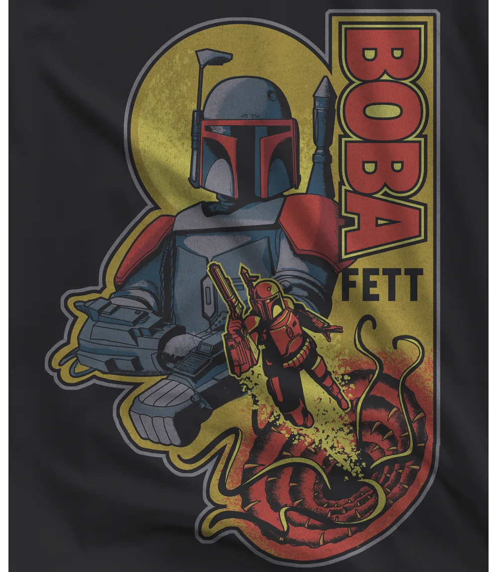 Close up of Unisex short sleeve black t-shirt featuring official Star Wars Boba Fett multi colour design with Boba Fett text text / Retro Tees
