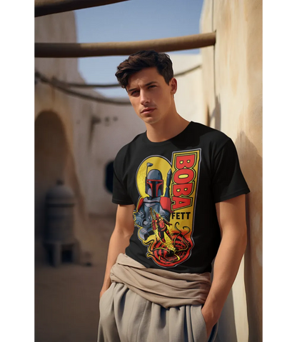 Man Wearing Unisex short sleeve black t-shirt featuring official Star Wars Boba Fett multi colour design with Boba Fett text text / Retro Tees