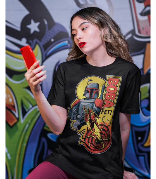 Woman wearing Unisex short sleeve black t-shirt featuring official Star Wars Boba Fett multi colour design with Boba Fett text text / Retro Tees