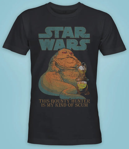 Unisex short sleeve black t-shirt featuring official Star Wars Jabba The Hutt poster Design with Star Wars text above and This Bounty Hunter Is My Kind Of Scum text below / Retro Tees