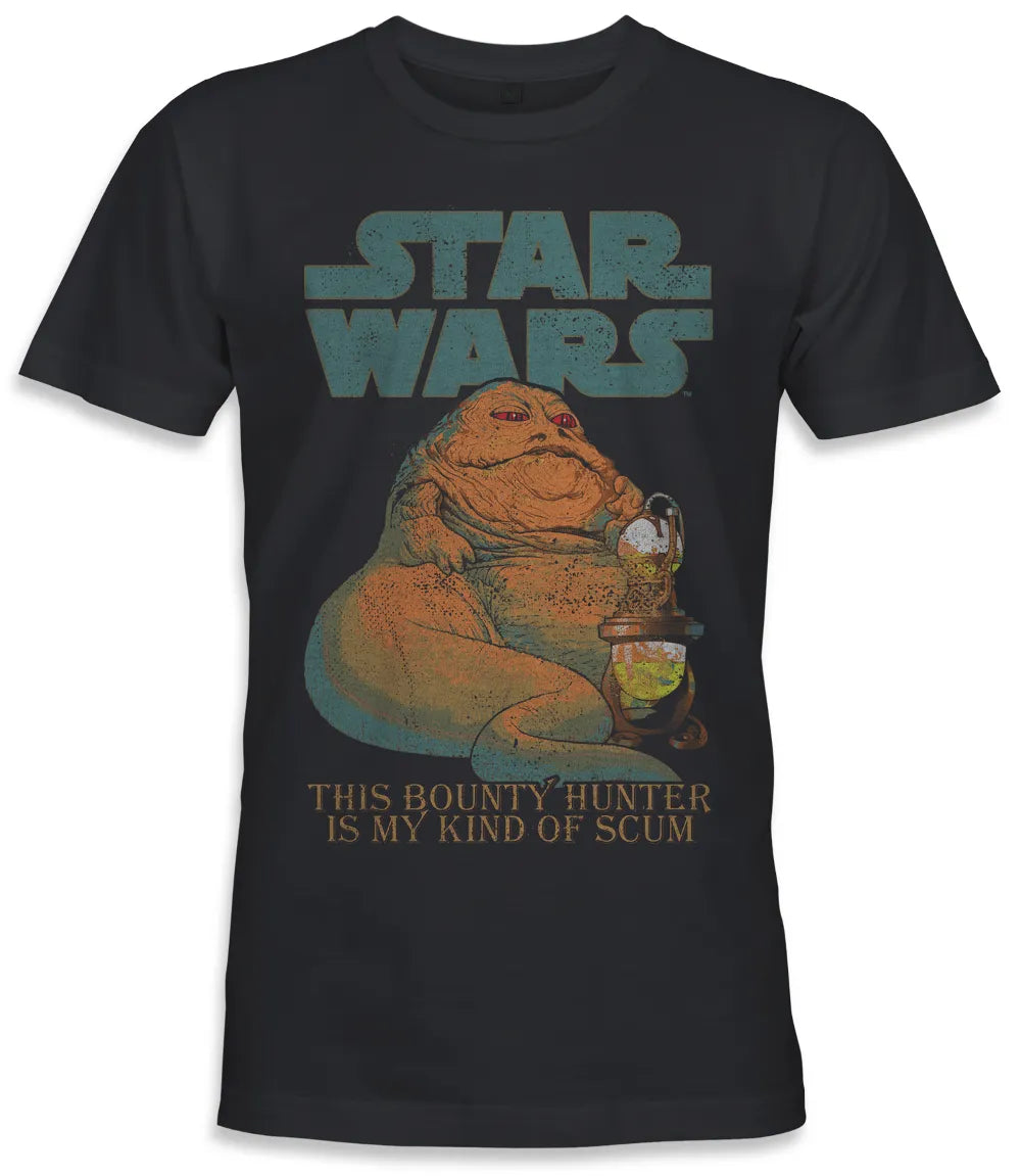 Unisex short sleeve black t-shirt featuring official Star Wars Jabba The Hutt poster vintage Design with Star Wars text above and This Bounty Hunter Is My Kind Of Scum text below / Retro Tees