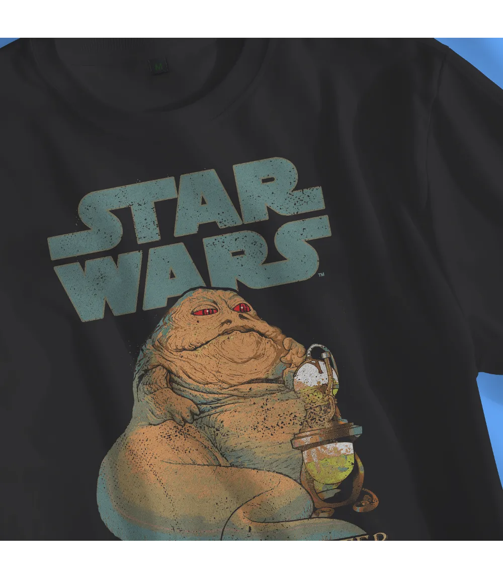 Close up of Unisex short sleeve black t-shirt featuring official Star Wars Jabba The Hutt poster vintage Design with Star Wars text above and This Bounty Hunter Is My Kind Of Scum text below / Retro Tees