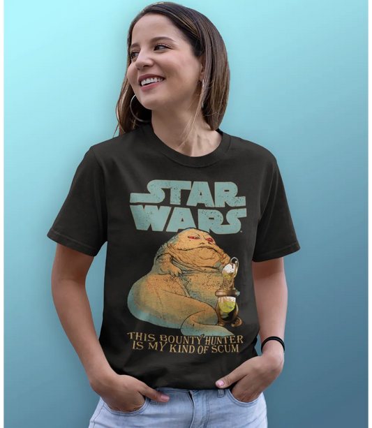 Woman wearing Unisex short sleeve black t-shirt featuring official Star Wars Jabba The Hutt poster vintage Design with Star Wars text above and This Bounty Hunter Is My Kind Of Scum text below / Retro Tees