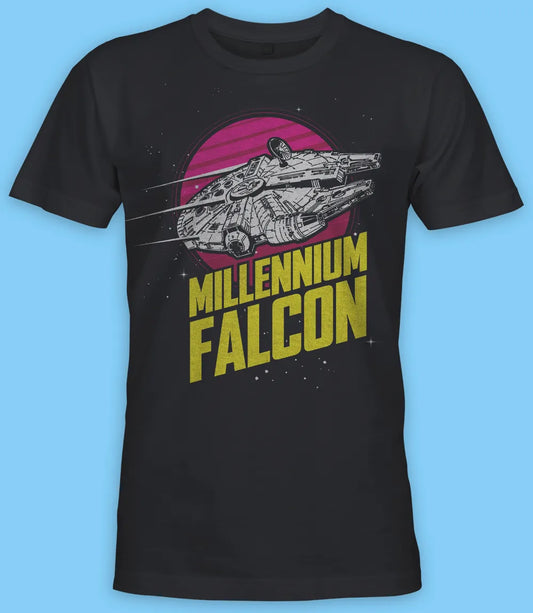 Unisex short sleeve black t-shirt featuring official Star Wars movie Millennium Falcon in flight in Black and white on a pink/red circle planet design with Millennium Falcon text in yellow below / Retro Tees