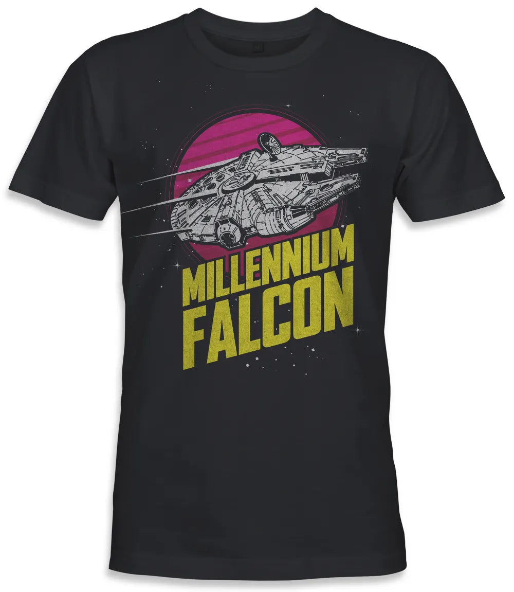 Unisex short sleeve black t-shirt featuring official Star Wars movie Millennium Falcon in flight in Black and white on a pink/red circle planet design with Millennium Falcon text in yellow below / Retro Tees