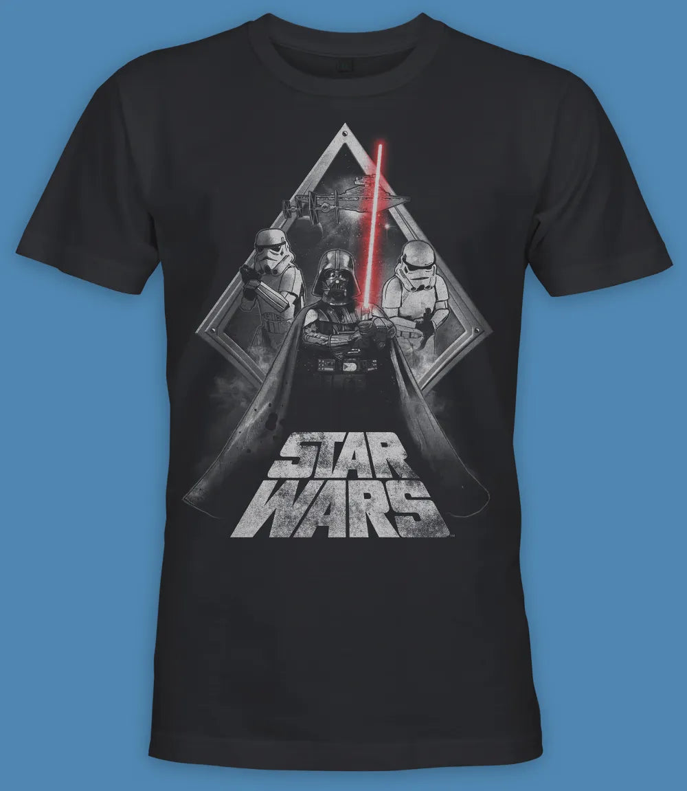 Unisex short sleeve black t-shirt featuring official Star Wars Darth Vader and storm Troopers poster Design with Star Wars text / Retro Tees