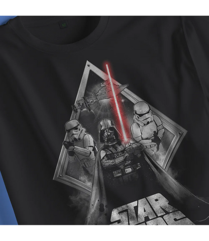 Close up of Unisex short sleeve black t-shirt featuring official Star Wars Darth Vader and storm Troopers poster Design with Star Wars text / Retro Tees