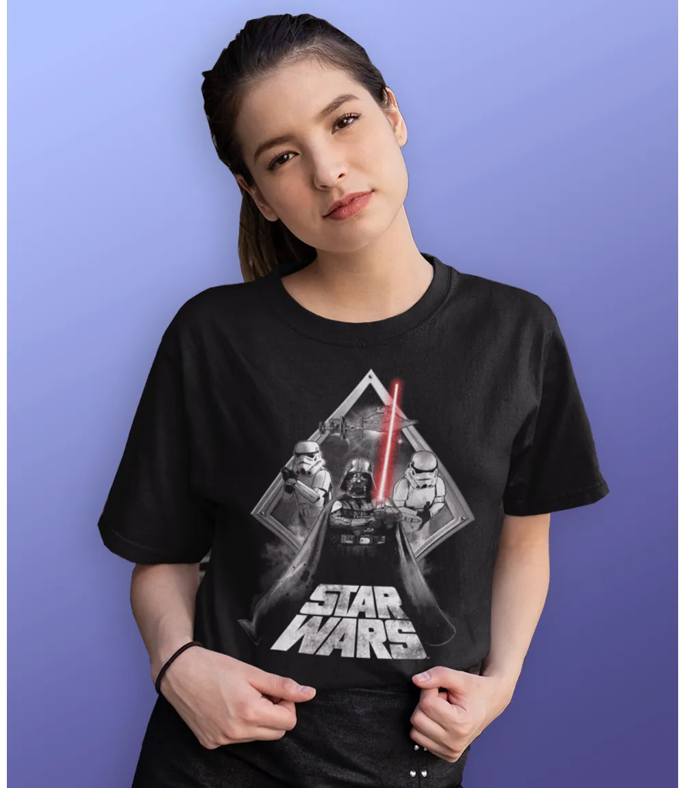 Woman wearing Unisex short sleeve black t-shirt featuring official Star Wars Darth Vader and storm Troopers poster Design with Star Wars text / Retro Tees
