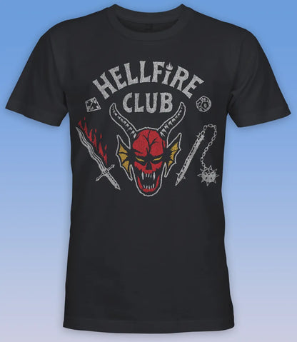 Unisex short sleeve black t-shirt featuring official Stranger Things Hellfire Club Logo Design  / Retro Tees