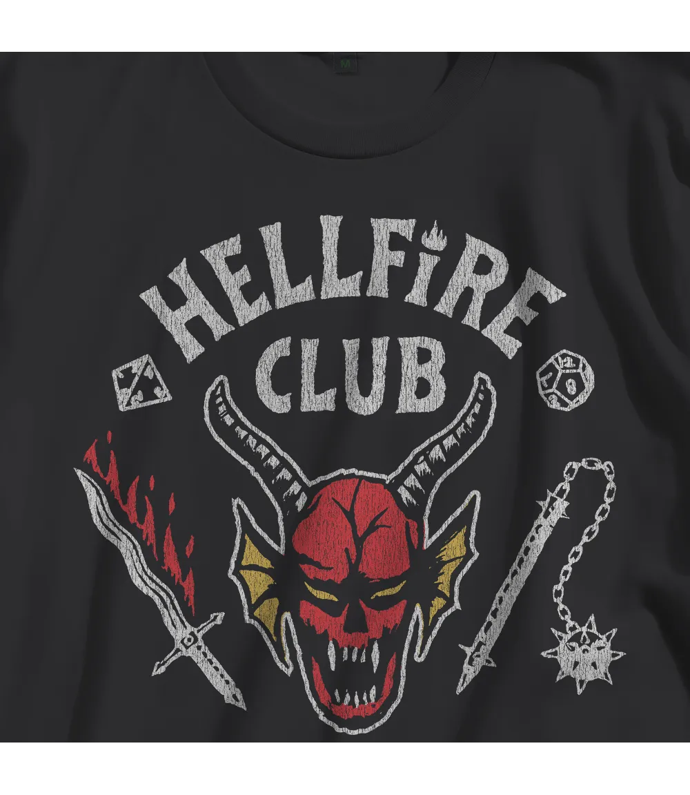 Unisex short sleeve black t-shirt featuring official Stranger Things Hellfire Club Logo Design / Retro Tees