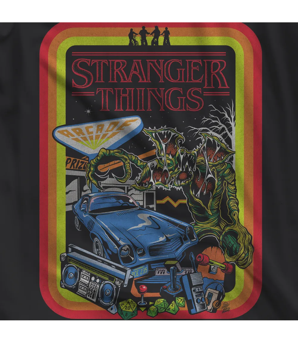 Unisex short sleeve black t-shirt featuring official Stranger Things 80s montage Design / Retro Tees