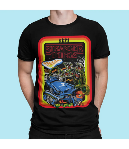 Man wearing Unisex short sleeve black t-shirt featuring official Stranger Things 80s montage Design / Retro Tees