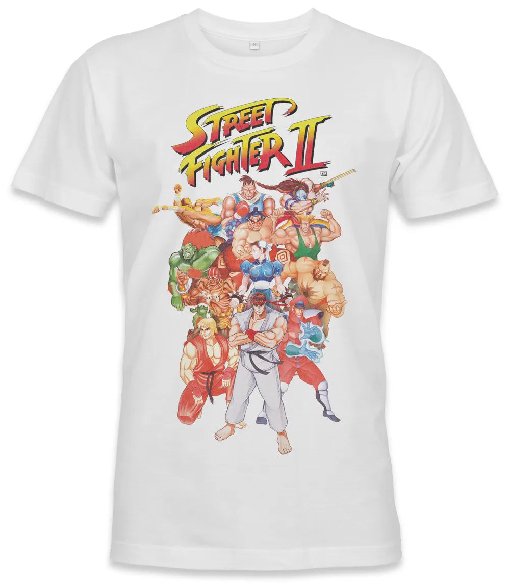 Unisex short sleeve white t-shirt featuring official Street Fighter 2 gaming characters montage poster Design / Retro Tees