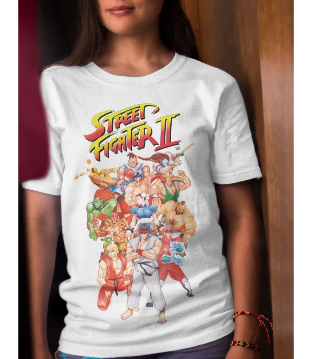 Woman wearing Unisex short sleeve white t-shirt featuring official Street Fighter 2 gaming characters montage poster Design / Retro Tees