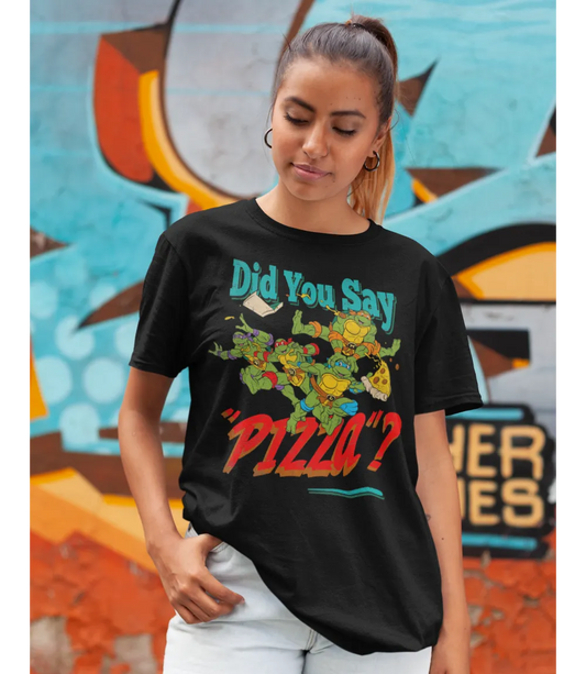 Woman wearing Unisex short sleeve black t-shirt featuring official Teenage Mutant Ninja Turtles Party retro 80s poster Design with Did You Say Pizza text / Retro Tees