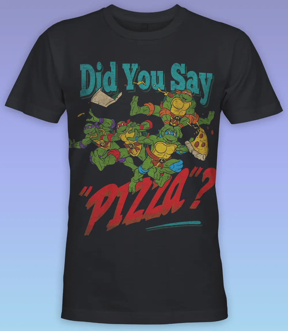 Unisex short sleeve black t-shirt featuring official Teenage Mutant Ninja Turtles Party retro 80s poster Design with Did You Say Pizza text  / Retro Tees