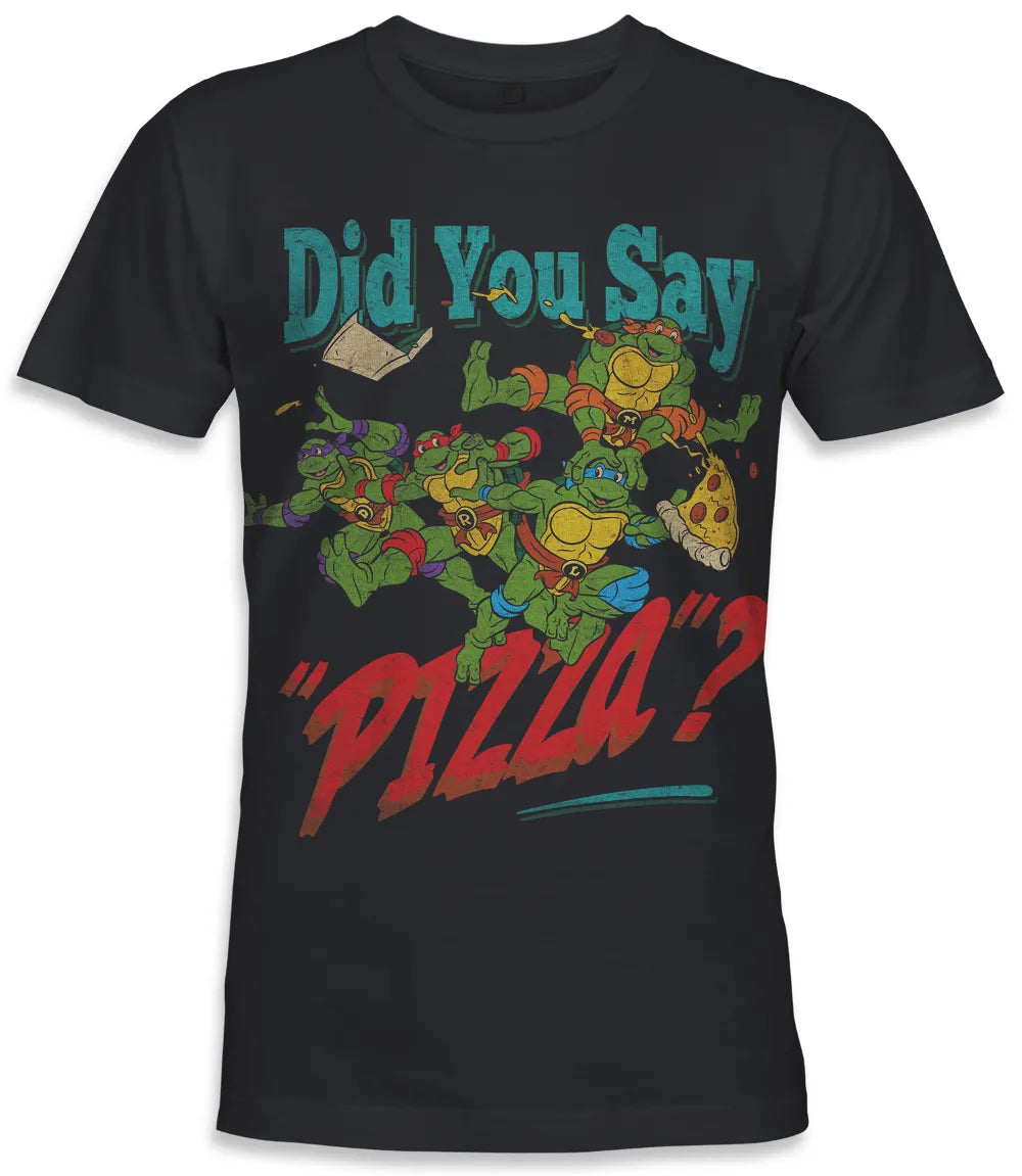 Unisex short sleeve black t-shirt featuring official Teenage Mutant Ninja Turtles Party retro 80s poster Design with Did You Say Pizza text / Retro Tees