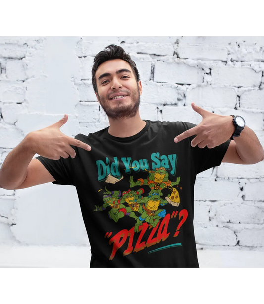 Man wearing Unisex short sleeve black t-shirt featuring official Teenage Mutant Ninja Turtles Party retro 80s poster Design with Did You Say Pizza text / Retro Tees