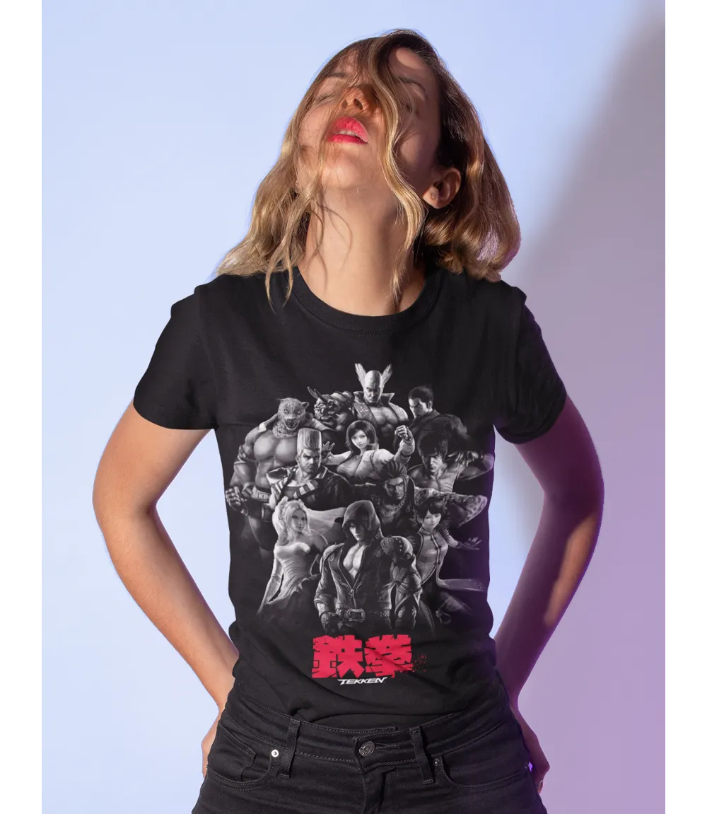 Woman wearing Unisex short sleeve black t-shirt featuring official Tekken character group design / Retro Tees