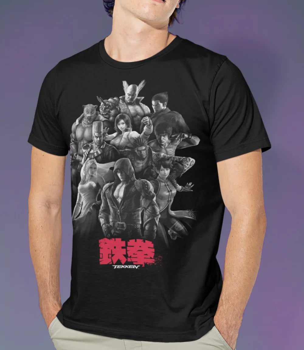 Man wearing Unisex short sleeve black t-shirt featuring official Tekken character group design / Retro Tees