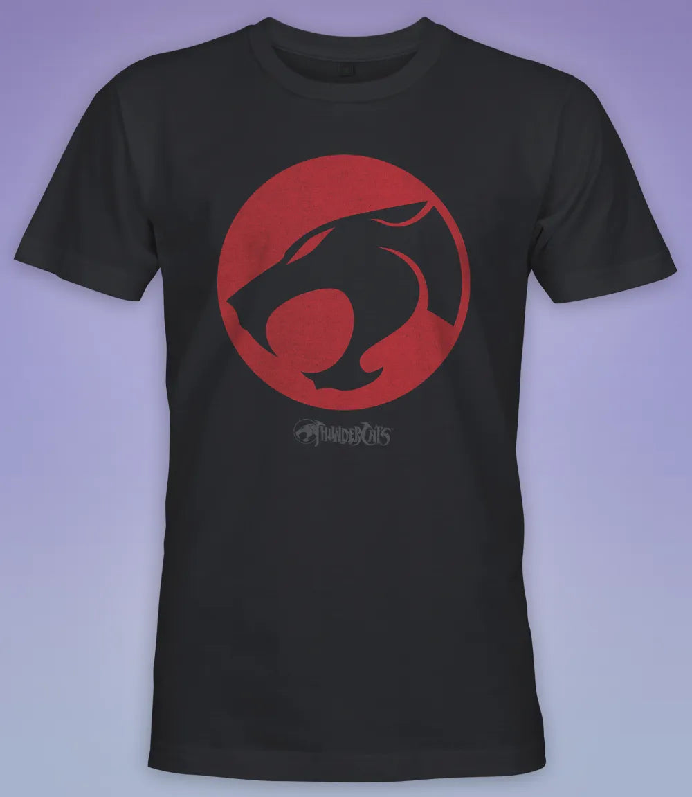 Unisex short sleeve black t-shirt featuring official Thundercats 80s cartoon emblem logo in red and black with Thundercats text below / Retro Tees