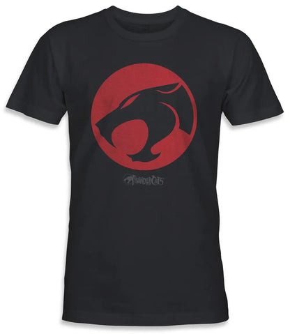 Unisex short sleeve black t-shirt featuring official Thundercats 80s cartoon emblem logo in red and black with Thundercats text below / Retro Tees