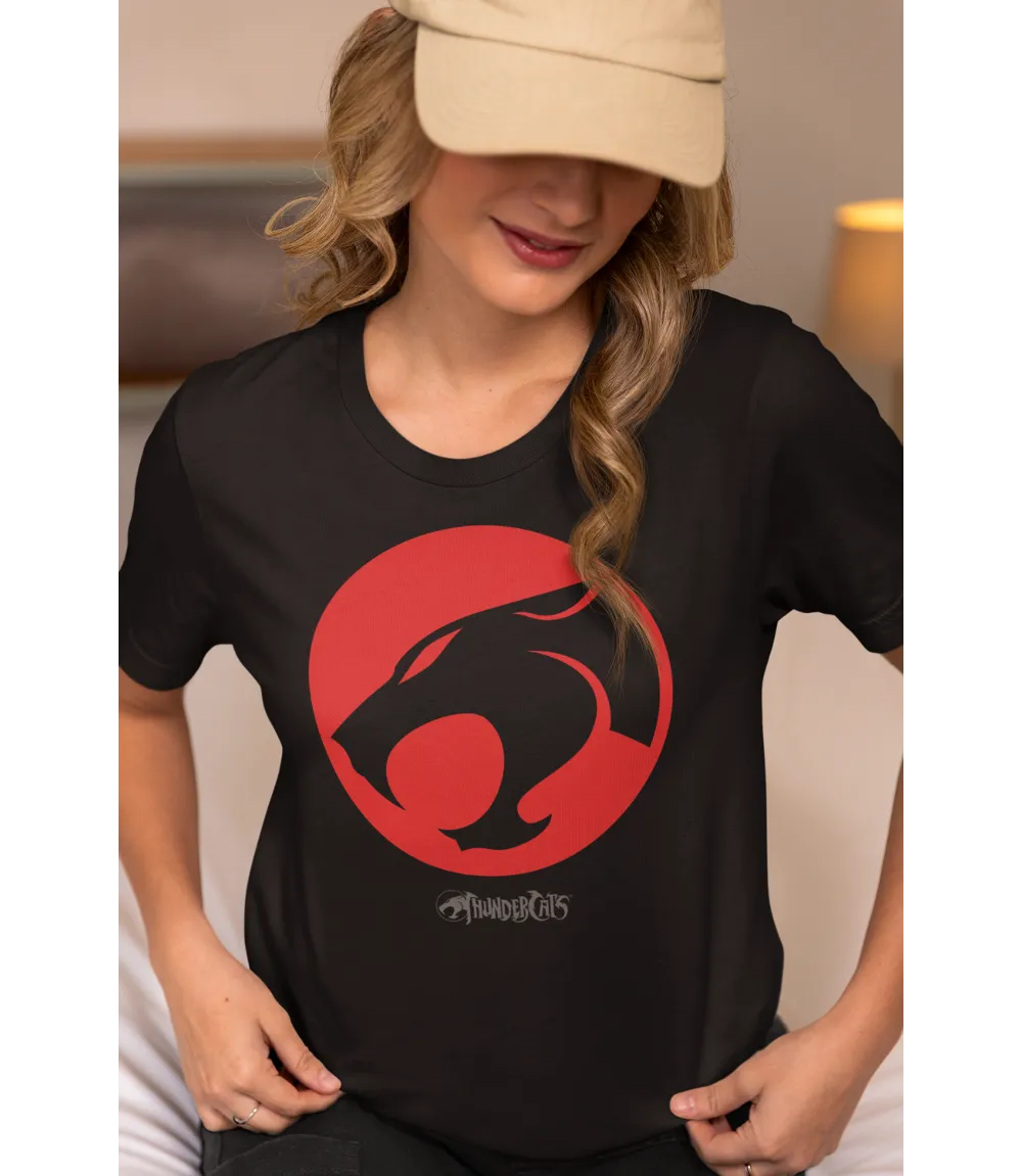 Woman wearing Unisex short sleeve black t-shirt featuring official Thundercats 80s cartoon emblem logo in red and black with Thundercats text below / Retro Tees