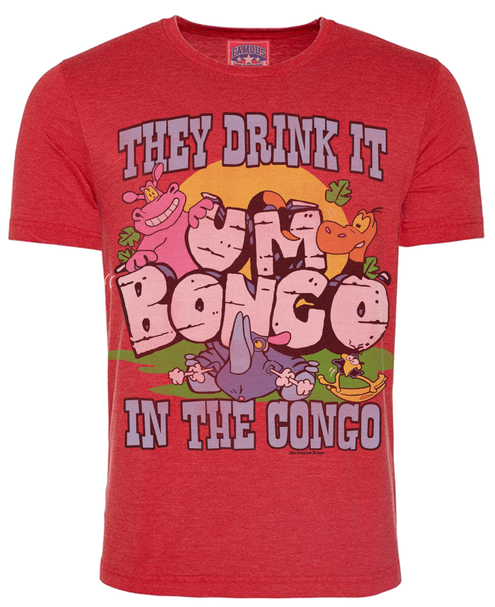 Exclusive Famous Forever vintage washed red short sleeve crew neck t-shirt featuring retro Um Bongo Hippo, Rhino and snake cartoon with a tropical vibes design with They Drink It In The Congo text. Full colour design with a vintage style. Officially Licenced