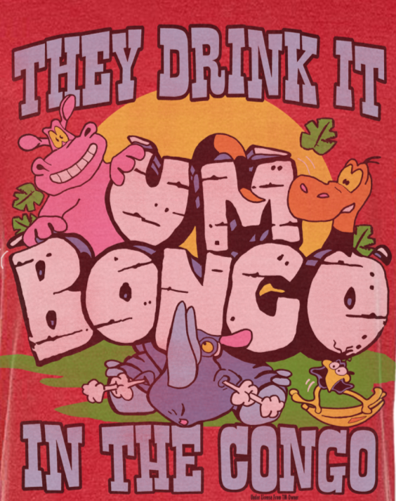 Exclusive Famous Forever vintage washed red short sleeve crew neck t-shirt featuring retro Um Bongo Hippo, Rhino and snake cartoon with a tropical vibes design with They Drink It In The Congo text. Full colour design with a vintage style. Officially Licenced