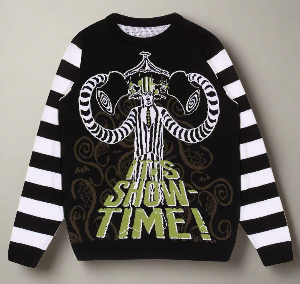 Retro Tees Beetlejuice 80s movie knitted jumper, multi colour with classic image and iconic It's Showtime text. Black and white stripe long sleeves 