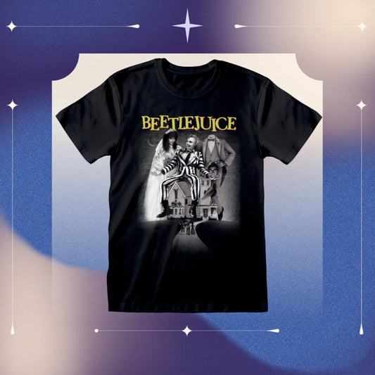 Men's unisex style black short sleeve t-shirt featuring iconic Beetlejuice  movie poster graphics in black and white, with Beetlejuice text in yellow above design