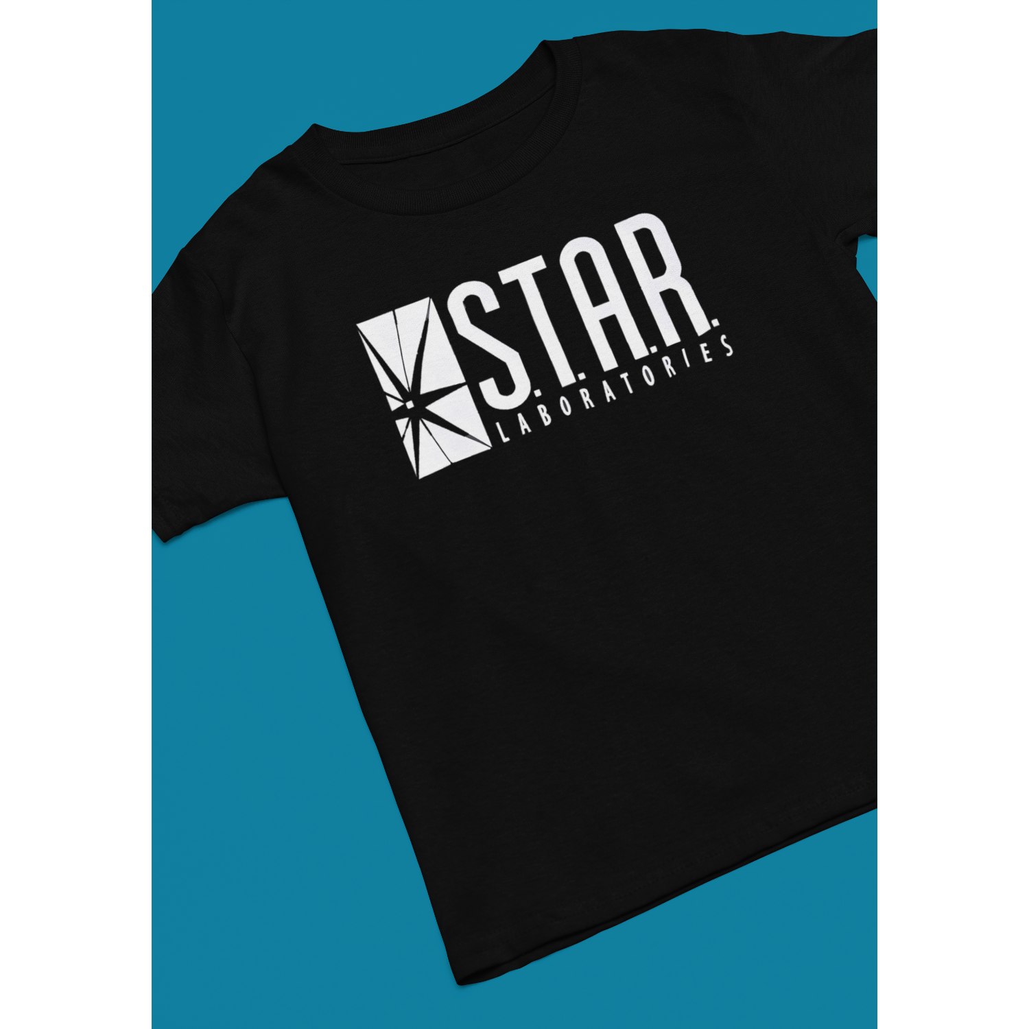 Retro tees black short sleeve men's unisex t-shirt featuring Star Laboratories text and logo in white