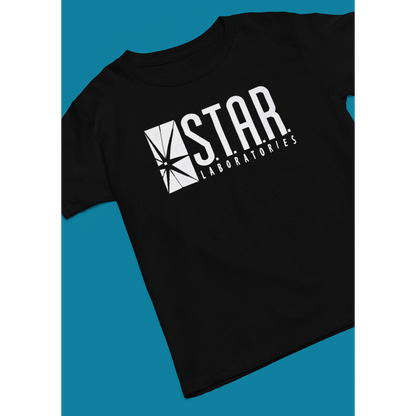 Retro tees black short sleeve t-shirt featuring Star Laboratories text and logo in white