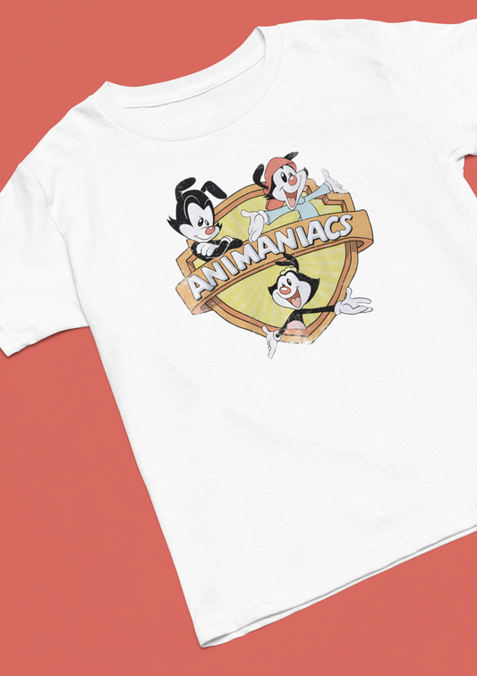white short sleeve crew neck t-shirt featuring official Animaniacs design to the front of the t-shirt. The design shows three of the wacky Animaniacs. Warner Bros official product.