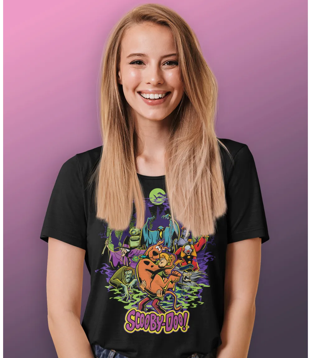 Woman wearingUnisex short sleeve black t-shirt featuring official Warner Bros Scooby-Doo villans poster design with the all important Scooby and Shaggy taking centre stage / Retro Tees