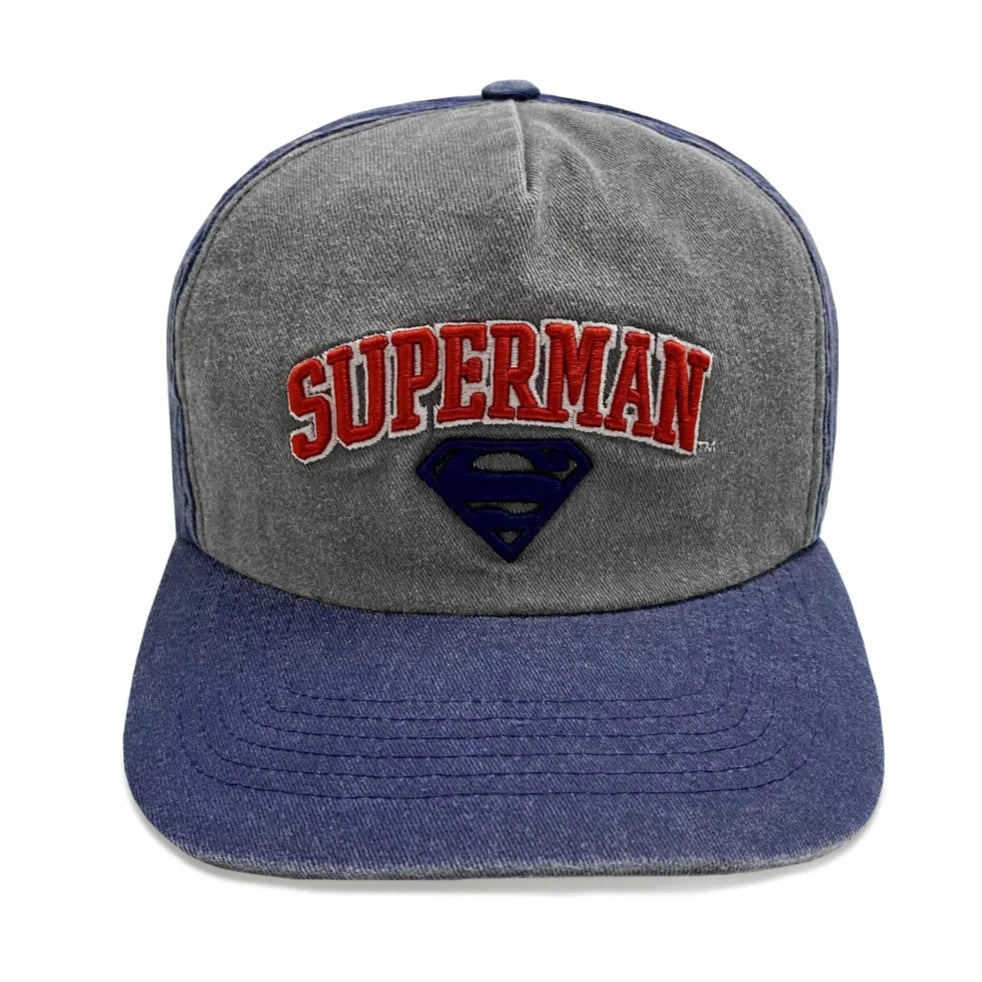 Officially licenced Dc Comics Superman baseball cap. Vintage washed grey and blue colour with Superman logo in blue and Superman embroidered text above