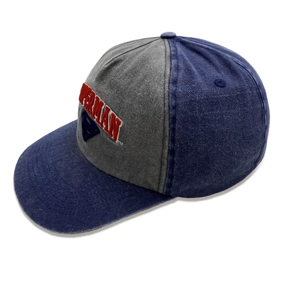Officially licenced Dc Comics Superman baseball cap. Vintage washed grey and blue colour with Superman logo in blue and Superman embroidered text above