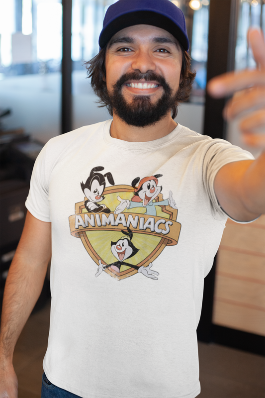 Man wearing white short sleeve crew neck t-shirt featuring official Animaniacs design to the front of the t-shirt