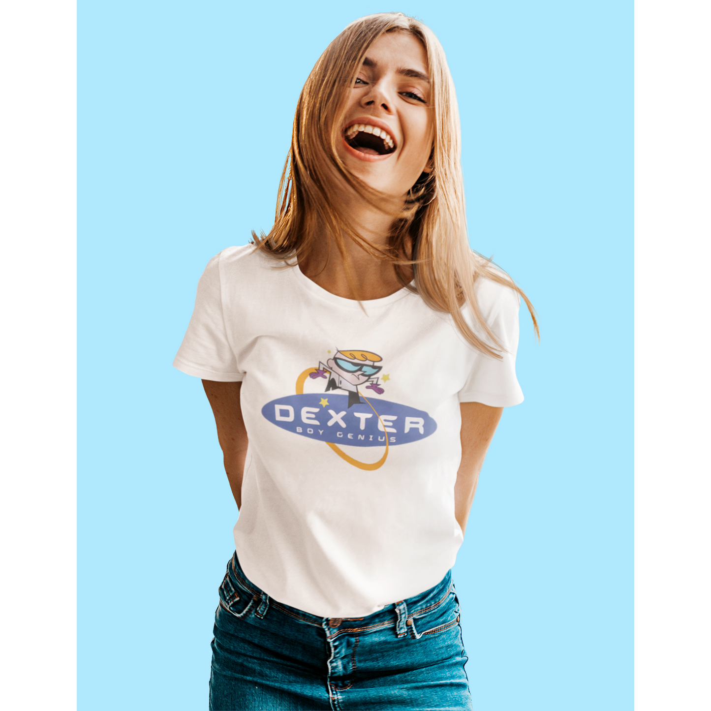 Woman wearing Retro Tees white short sleeve men's unisex t-shirt featuring 90s awesome Dexter boy genius cartoon graphics, officially licenced product
